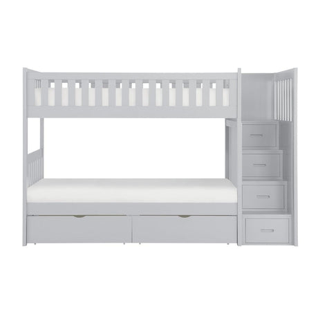 Orion Gray Twin over Twin Bunk Bed front view with storage drawers