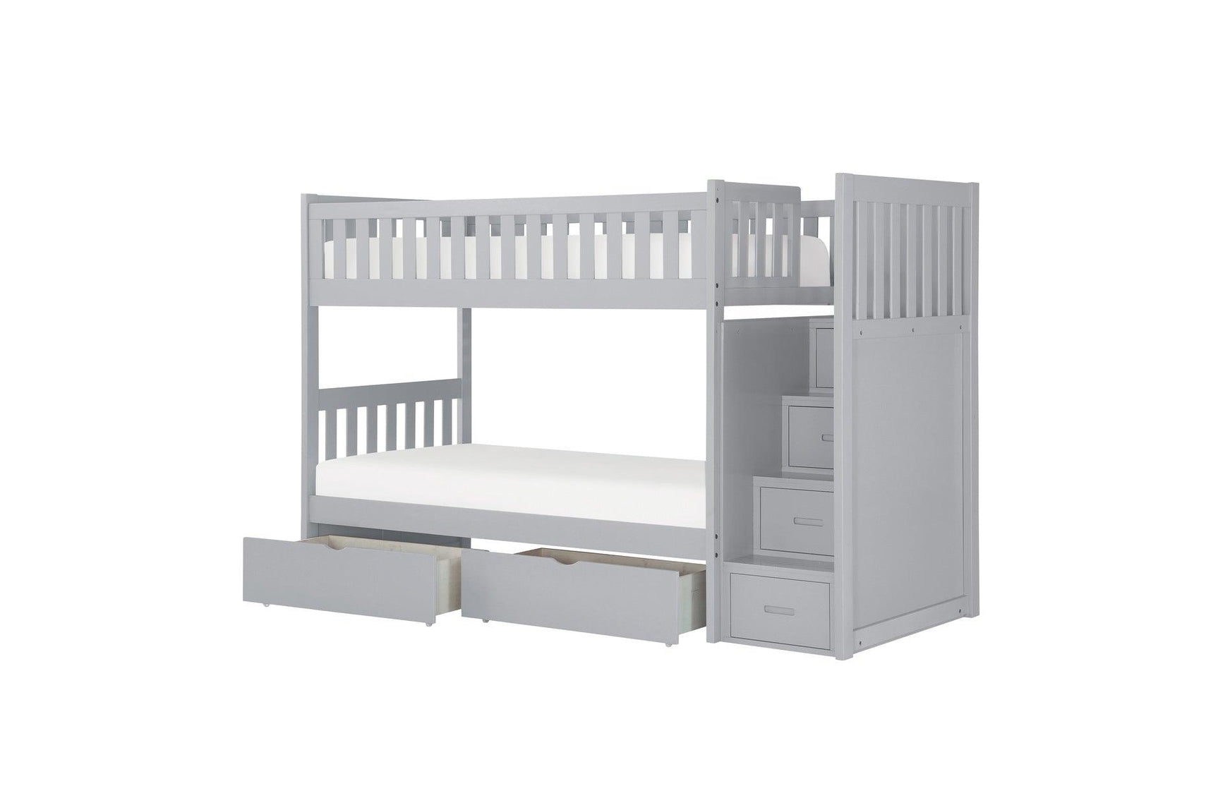 Orion Gray Twin Over Twin Bunk Bed with Storage Stairs separate pieces layout