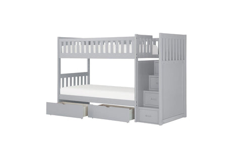 Orion Gray Twin Over Twin Bunk Bed with Storage Stairs separate pieces layout