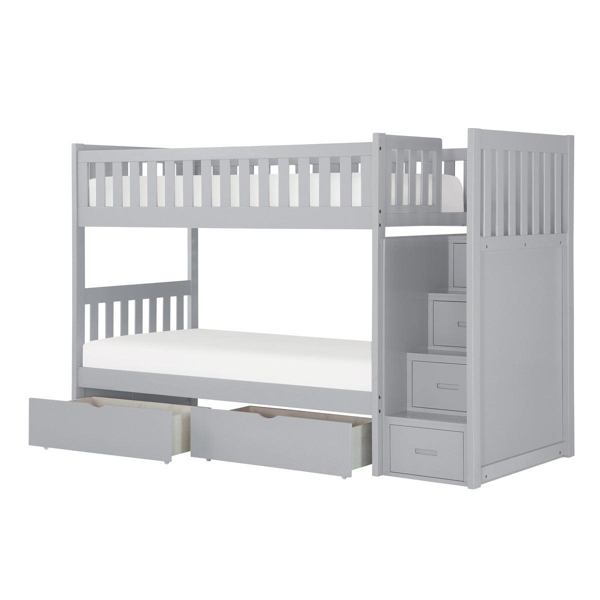 Orion Gray Twin over Twin Bunk Bed side view showing steps and guard rails