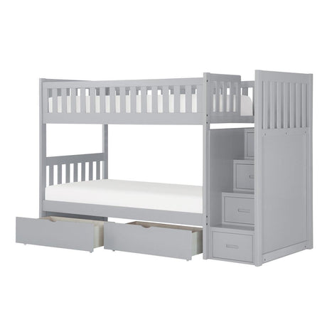 Orion Gray Twin over Twin Bunk Bed side view showing steps and guard rails