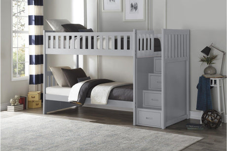 Orion Gray Twin Over Twin Bunk Bed with Storage Stairs front view