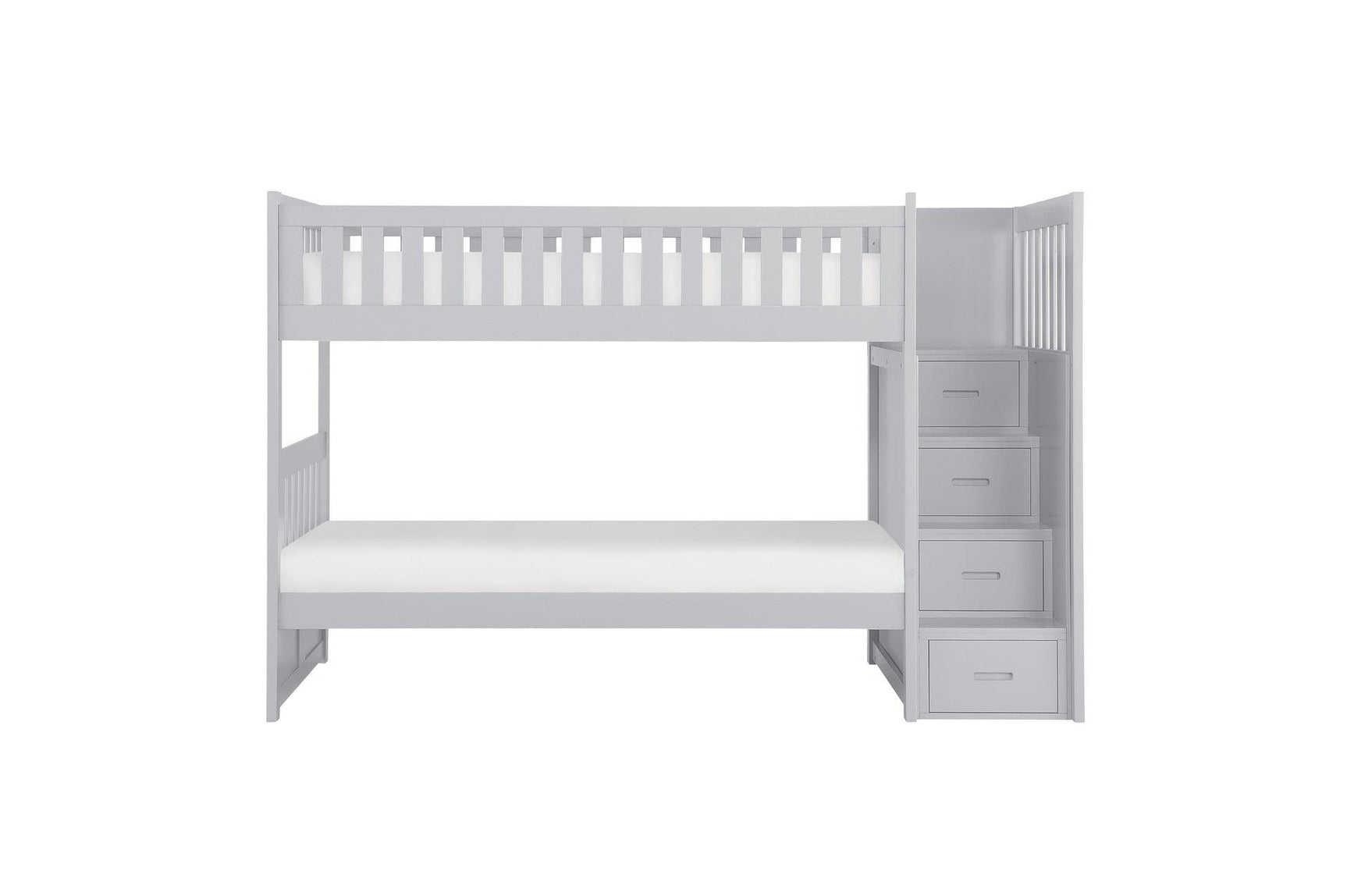 Orion Gray Twin Over Twin Bunk Bed with Storage Stairs side profile