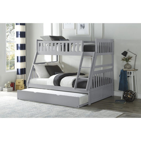 Orion gray twin-over-full bunk bed with twin trundle angled view