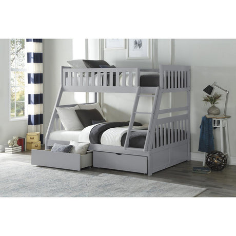Close-up of storage drawers on casters under Orion Gray Twin Over Full Bunk Bed