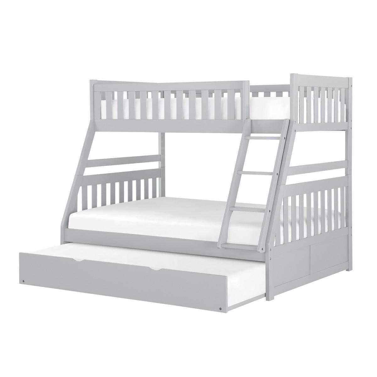 Orion gray twin-over-full bunk bed with twin trundle side view