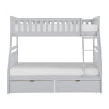 Orion Gray Twin Over Full Bunk Bed front angle showing twin and full beds with storage drawers