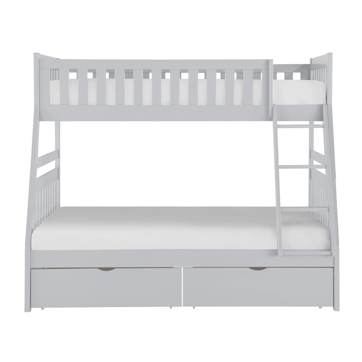 Orion Gray Twin Over Full Bunk Bed front angle showing twin and full beds with storage drawers