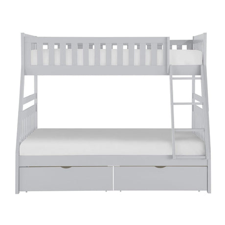 Orion Gray Twin Over Full Bunk Bed front angle showing twin and full beds with storage drawers