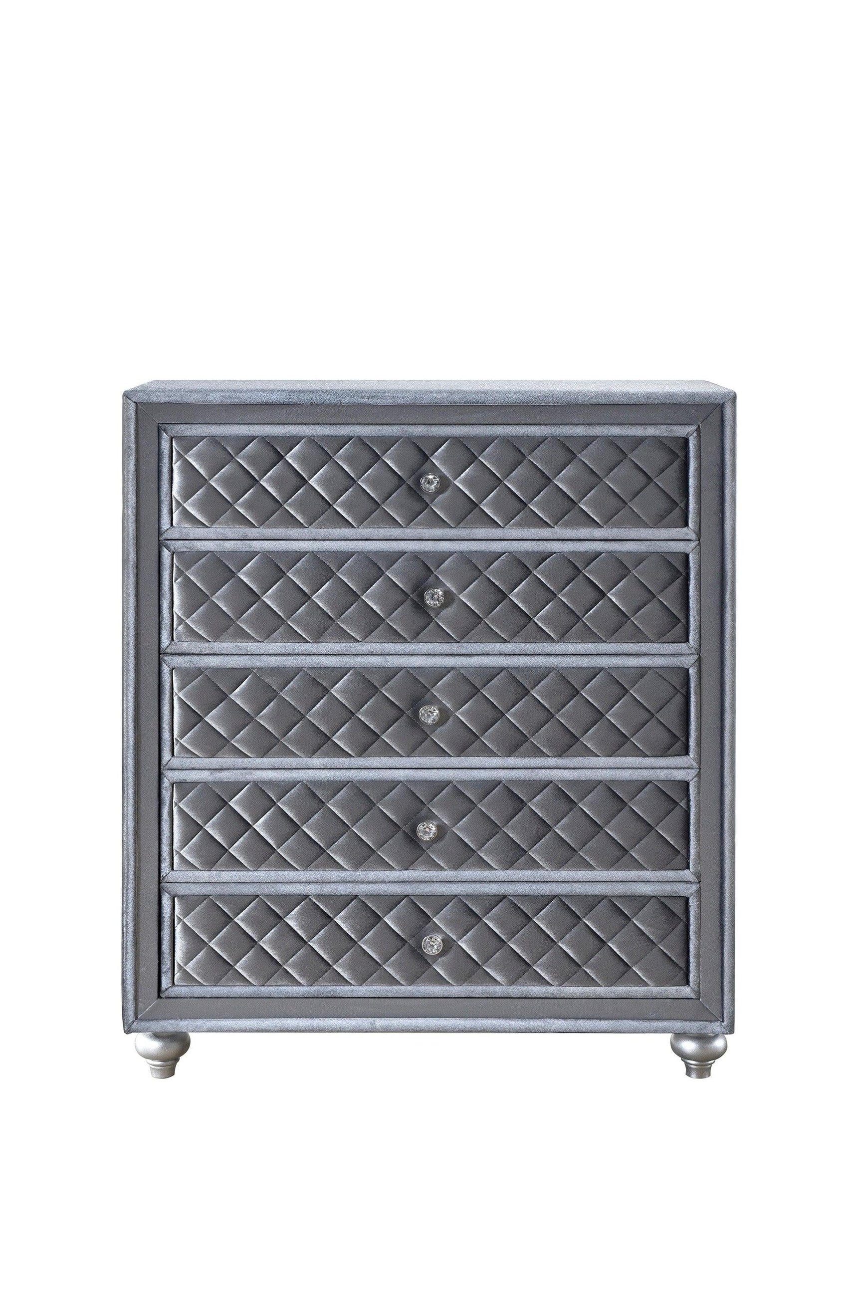 Cameo Chest with accompanying Cameo Nightstand in gray finish