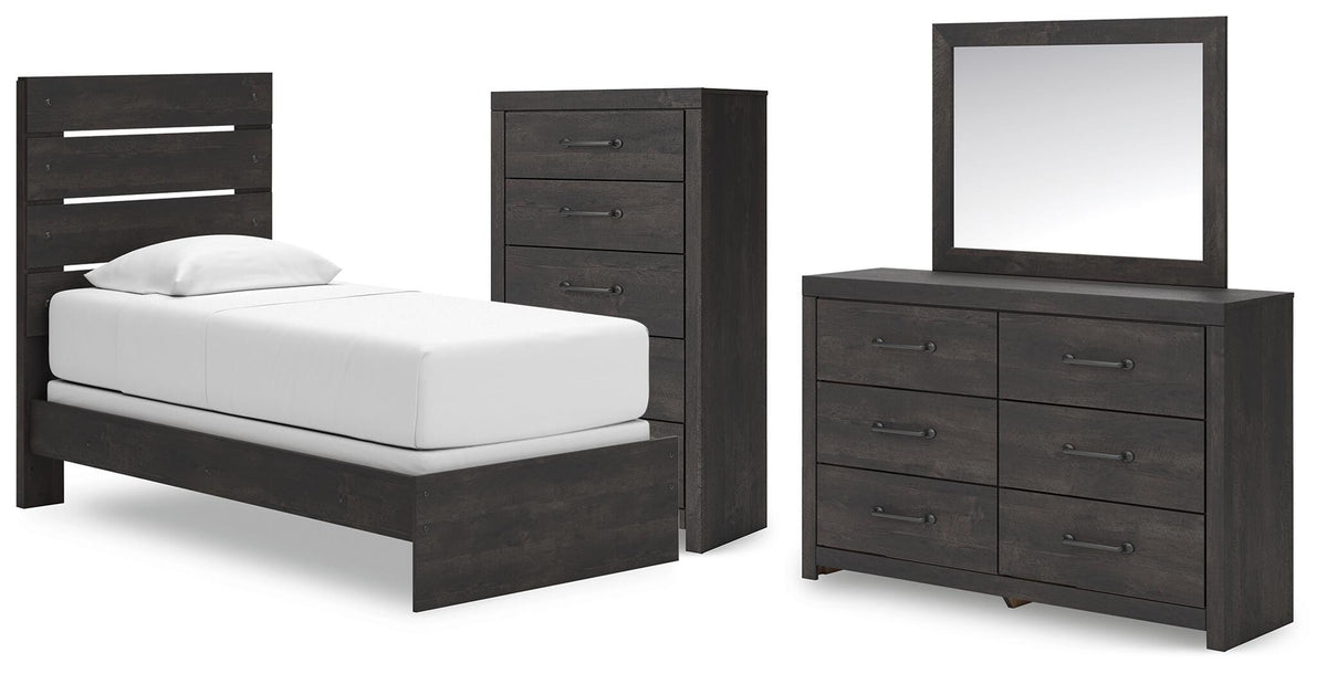 Hollivern Dark Gray Panel Bedroom Set — Twin / 4: Bed, Dresser, Mirror, Chest