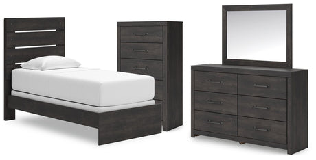 Hollivern Dark Gray Panel Bedroom Set — Twin / 4: Bed, Dresser, Mirror, Chest