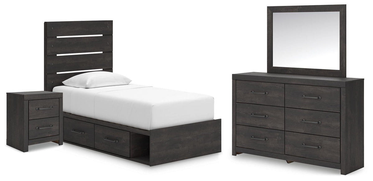 Hollivern Dark Gray Panel Bedroom Set — 4-Drawer Under-Bed Storage — Twin / 4: Bed, Dresser, Mirror, Nightstand