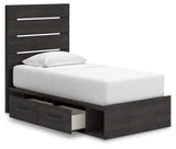 Hollivern Twin Bed with drawers open angled view