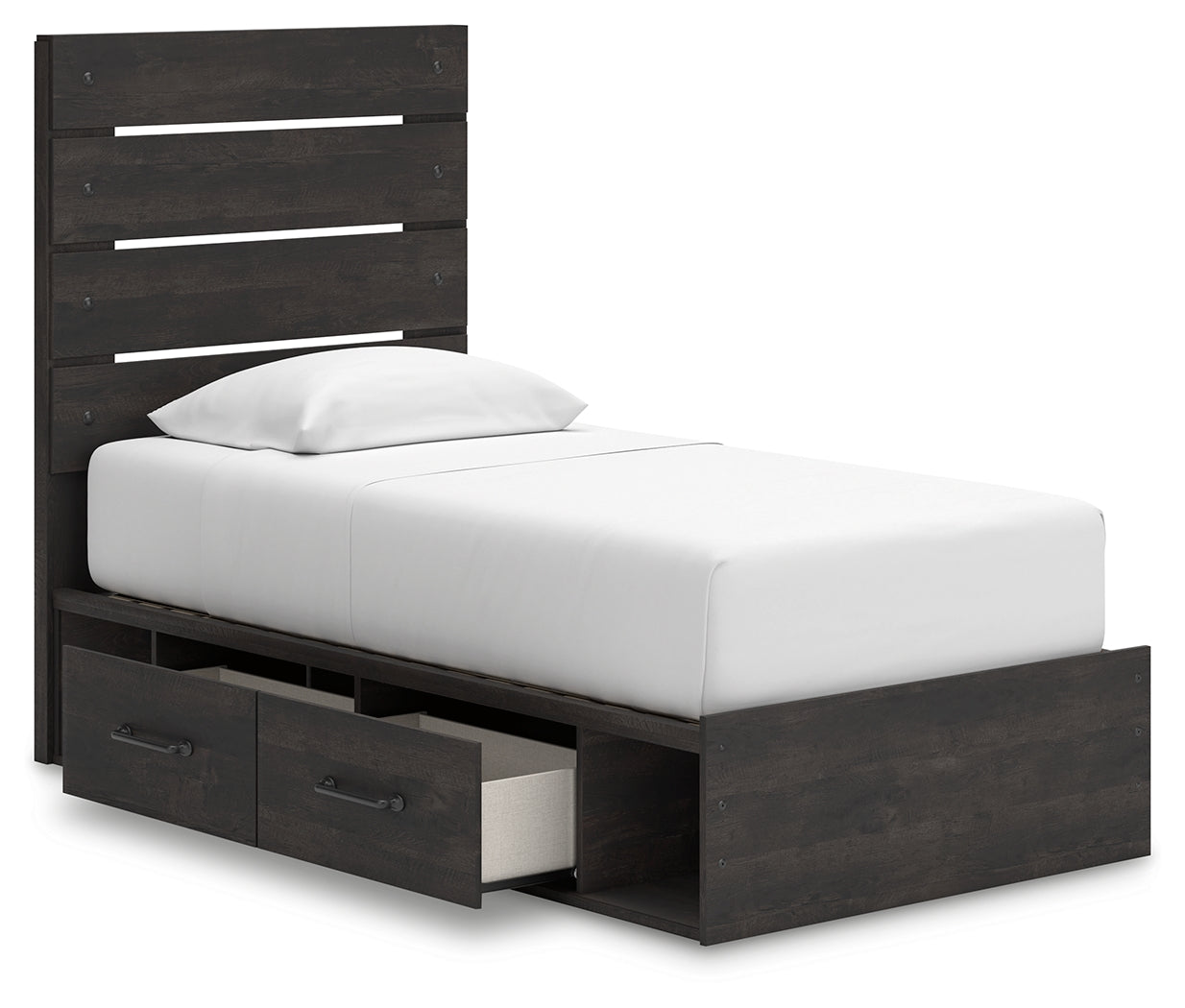 Hollivern Twin Bed with drawers open angled view