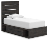 Hollivern Twin Panel Bed side angle showing storage drawers open
