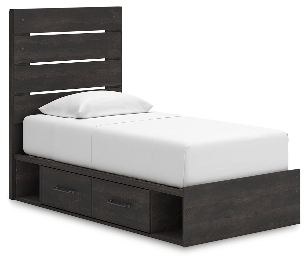 Hollivern Twin Panel Bed side angle showing storage drawers open