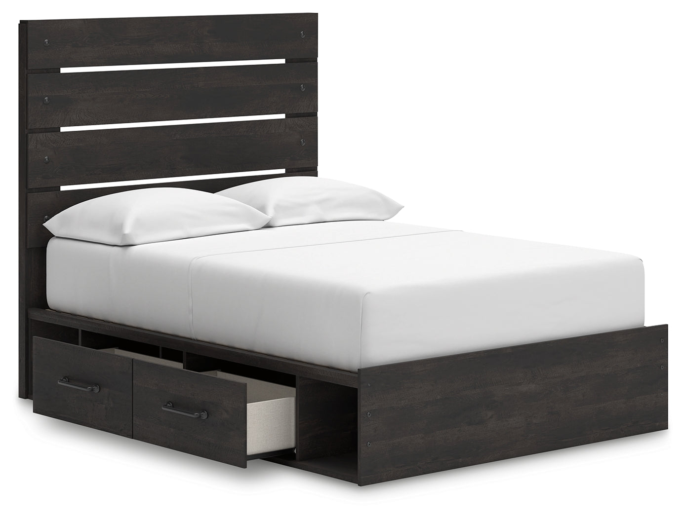 Top angle showing storage cubbies and drawers on Hollivern bed