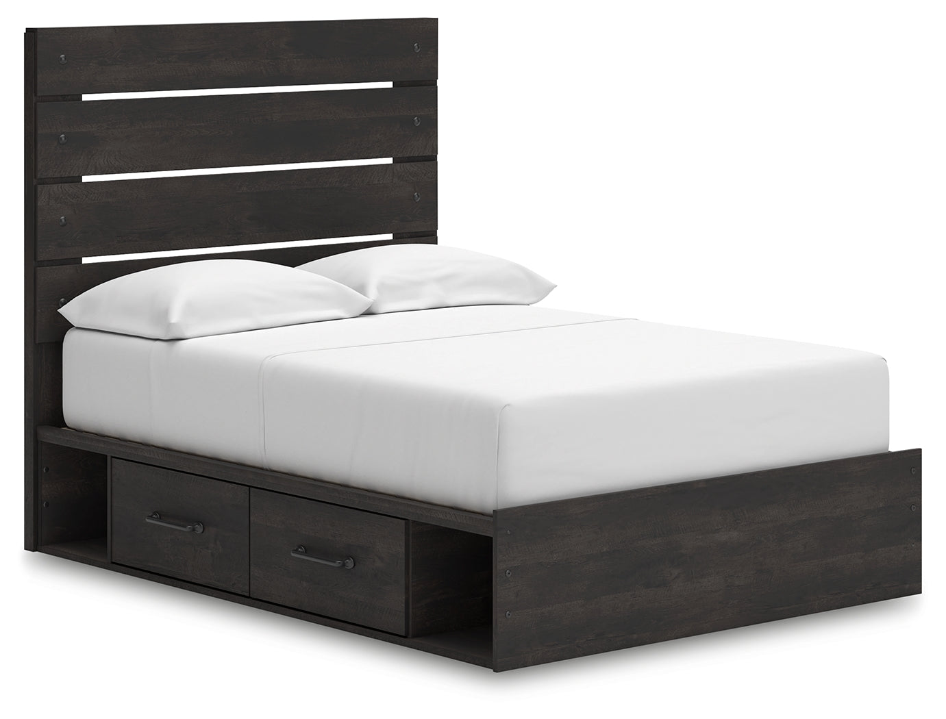Side view of Hollivern full panel bed with drawers open