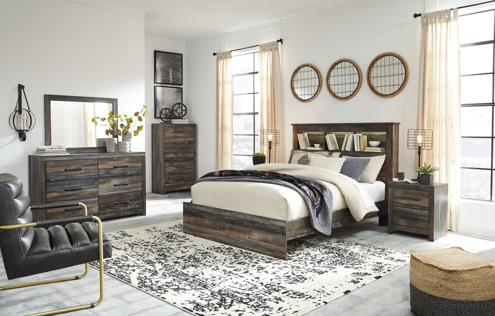 Close-up of Drystan bed's replicated wood grain with burnt orange and teal accents