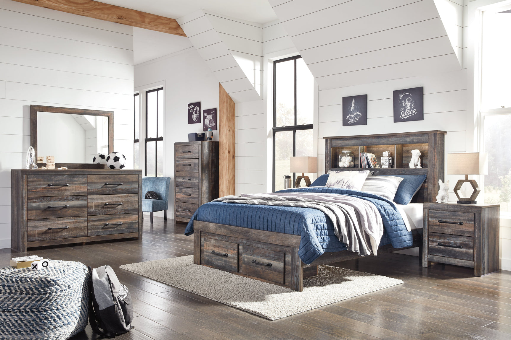 Close-up of Drystan bed's dimming LED light and rustic finish
