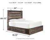 Drystan queen panel bed dimensions and storage layout diagram