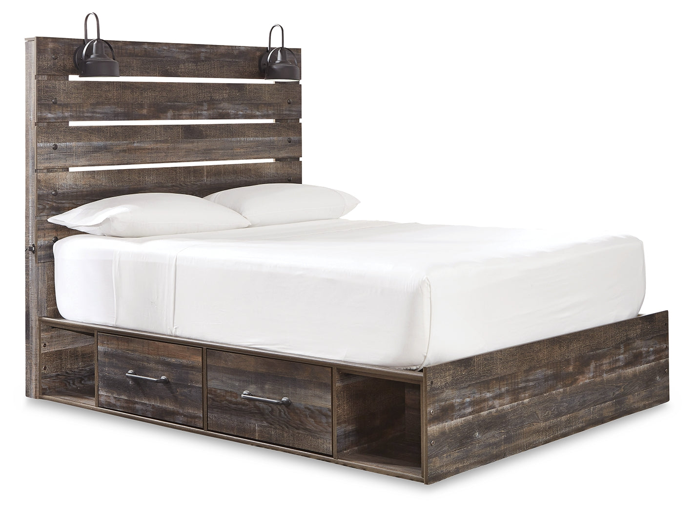 Drystan queen bed side angle showing storage drawers