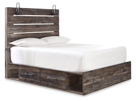 Drystan queen bed side angle showing storage drawers