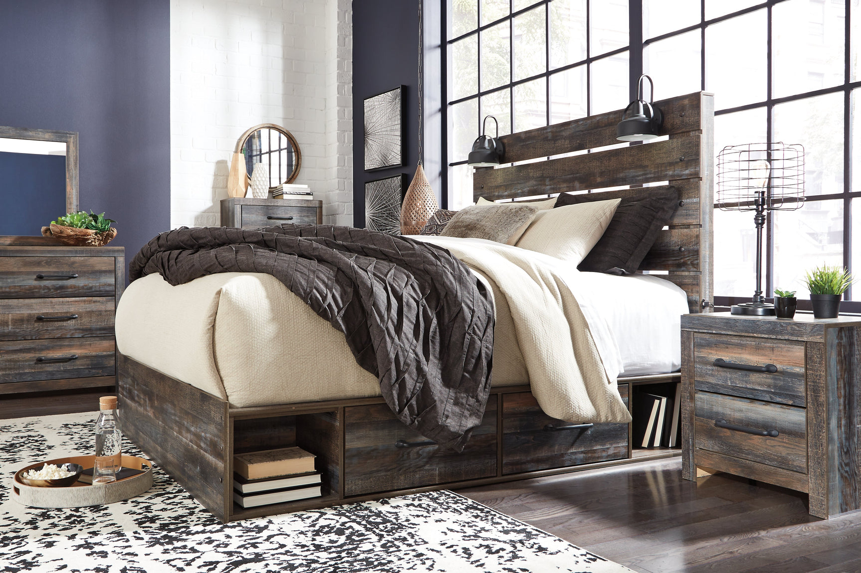 Drystan bed headboard close-up with LED sconces and USB ports