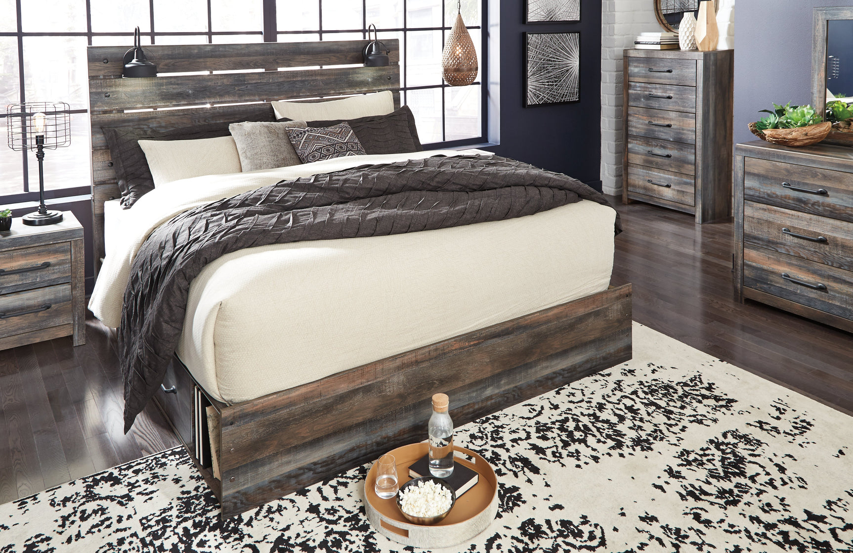 Close-up of Drystan bed headboard with sconce lights and USB ports