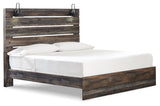 Side angle of Drystan Multi King Panel Bed highlighting LED lights and USB ports on headboard