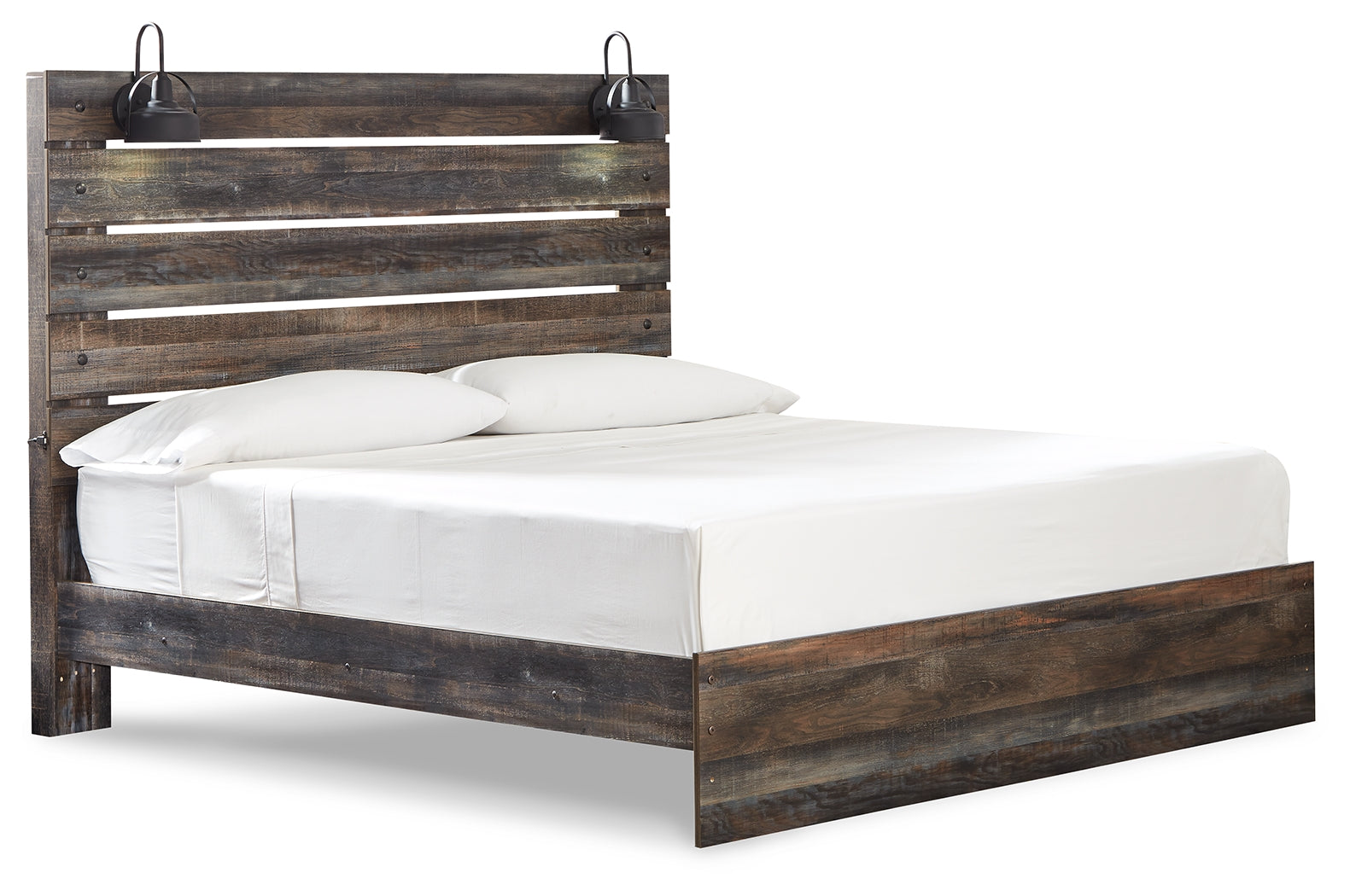 Side angle of Drystan Multi King Panel Bed highlighting LED lights and USB ports on headboard