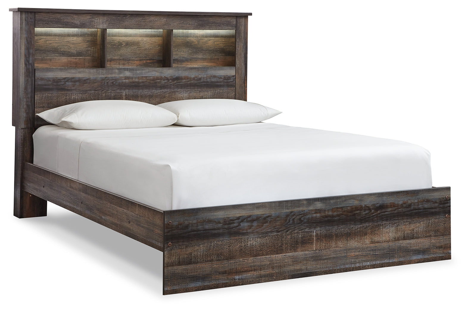 Drystan bed side profile highlighting rustic brown finish and panel footboard