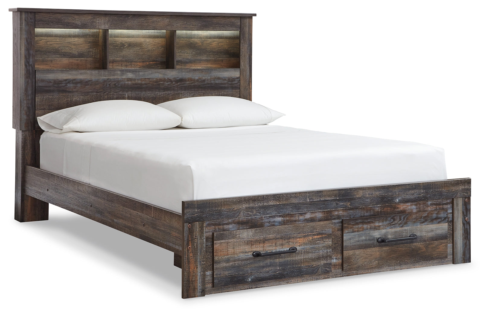 Drystan Queen Bookcase Bed Side View Showing LED-lit Headboard Cubby