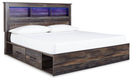 Drystan Multi King Bookcase Bed side angle showcasing headboard and storage