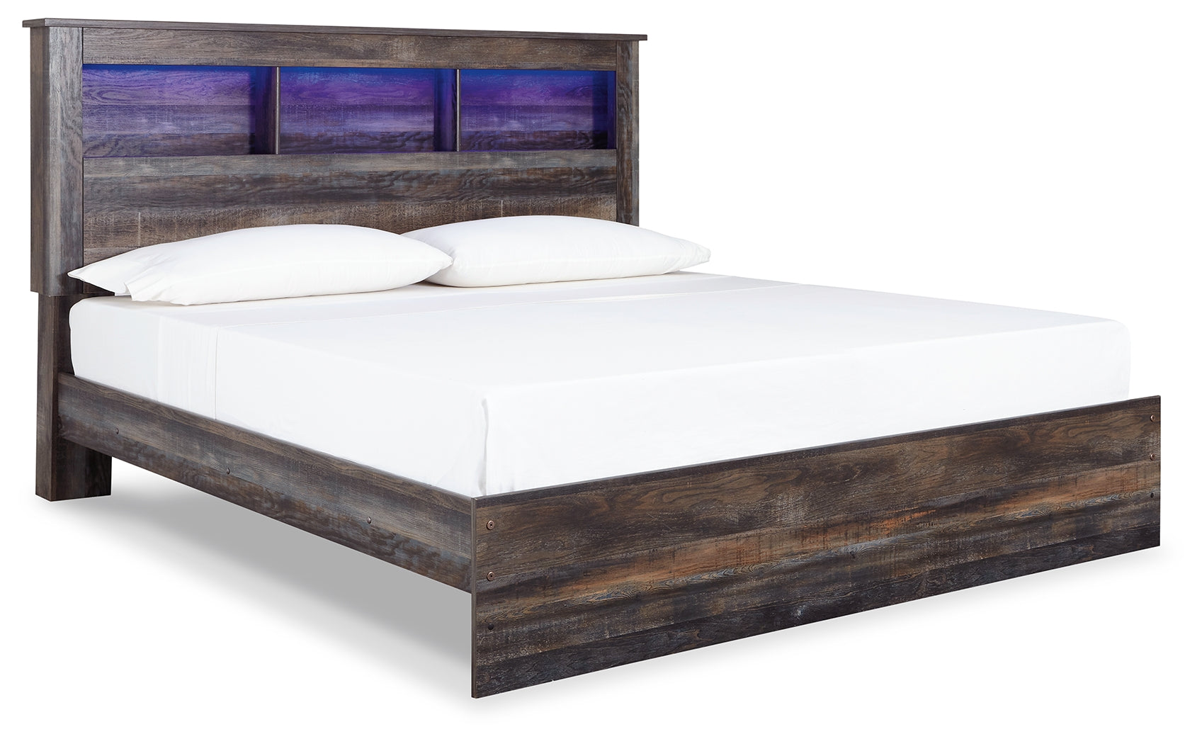 Drystan King Bookcase Bed side angle showing LED-lit headboard cubbies