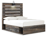 Drystan full panel bed angled side view showing USB ports and LED sconce light on headboard