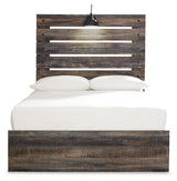 Drystan full panel bed head-on view highlighting wood grain and open slat headboard storage