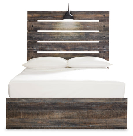 Drystan full panel bed head-on view highlighting wood grain and open slat headboard storage