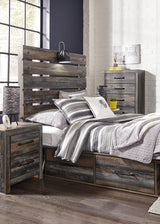 Close up of Drystan bed rustic multi-tone finish