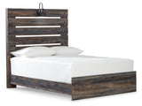 Drystan Multi full panel bed angled view showing rustic wood grain and USB ports