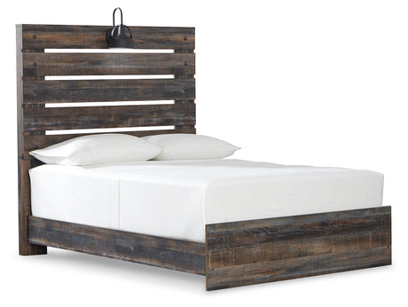 Drystan Multi full panel bed angled view showing rustic wood grain and USB ports