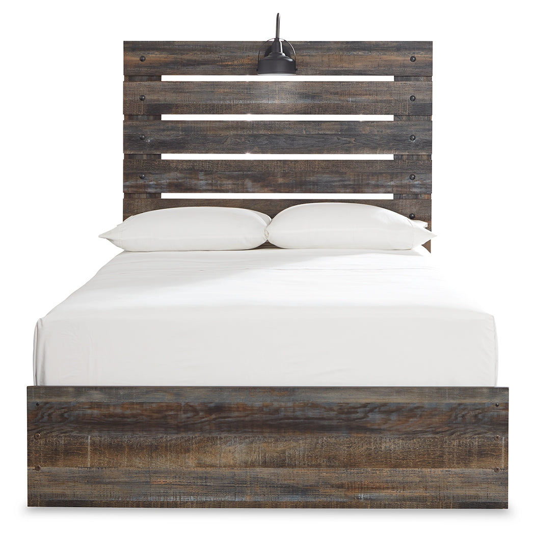 Drystan Multi full panel bed head-on view highlighting panel headboard with LED sconce light