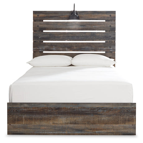 Drystan Multi full panel bed head-on view highlighting panel headboard with LED sconce light