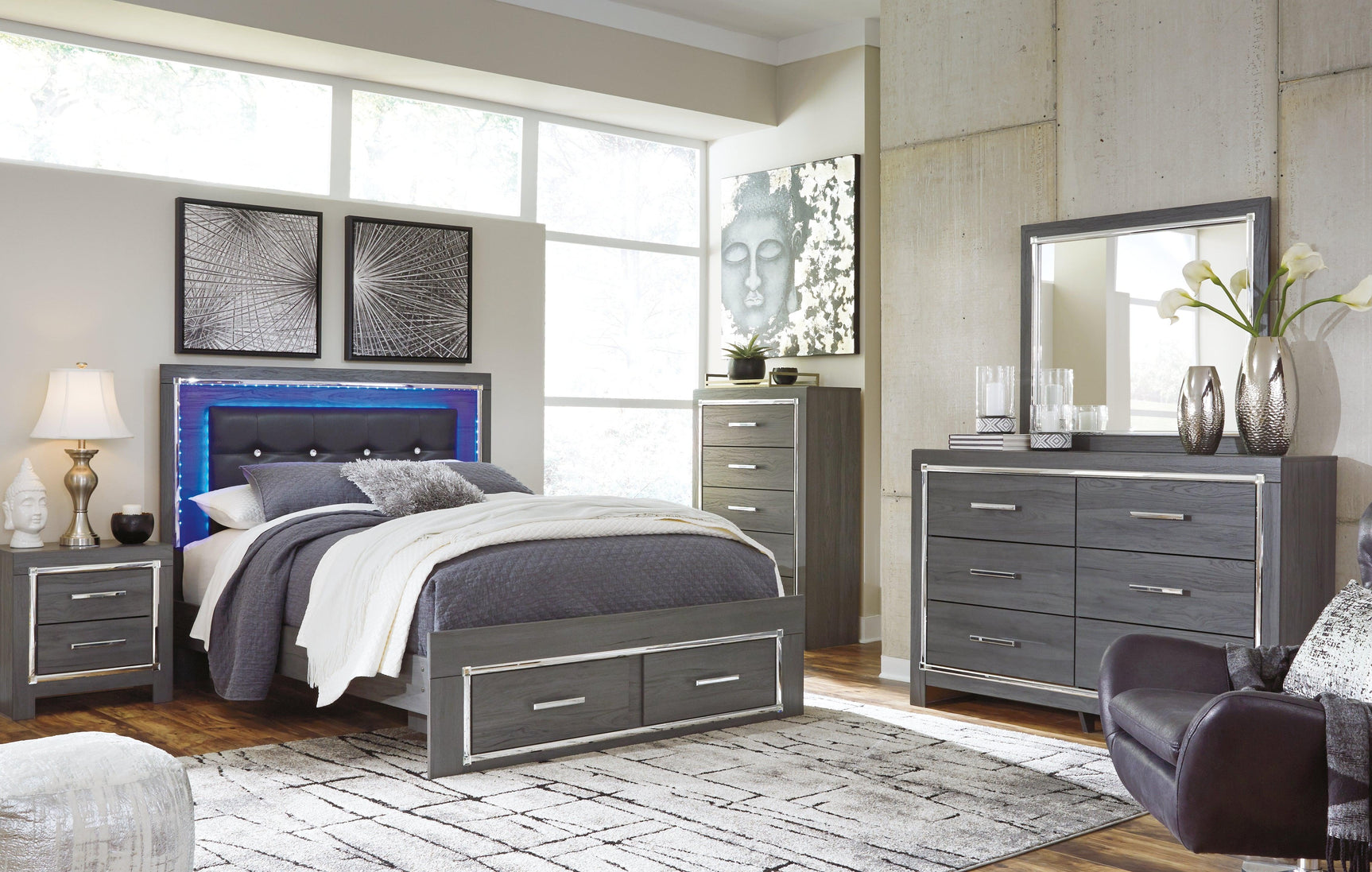Close-up of Lodanna bed button-tufted faux leather headboard