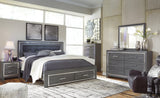 Close-up on hardware and faux leather upholstery stitching on Lodanna bed