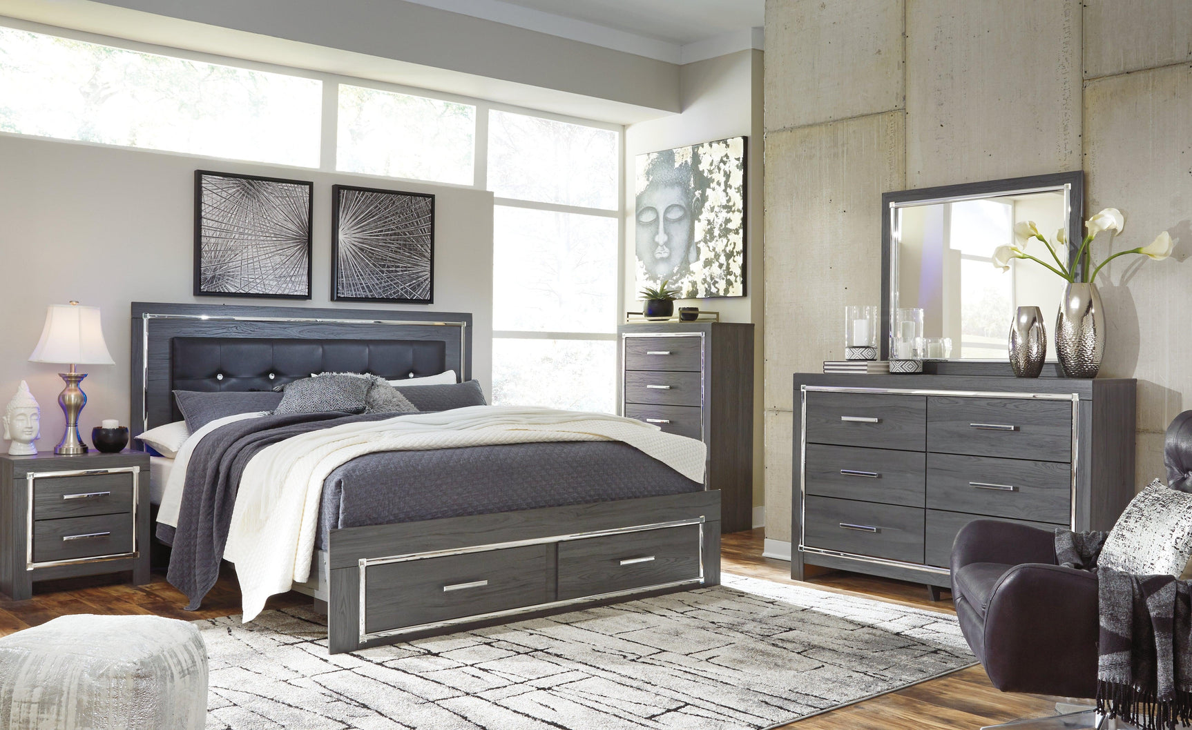 Close-up on hardware and faux leather upholstery stitching on Lodanna bed