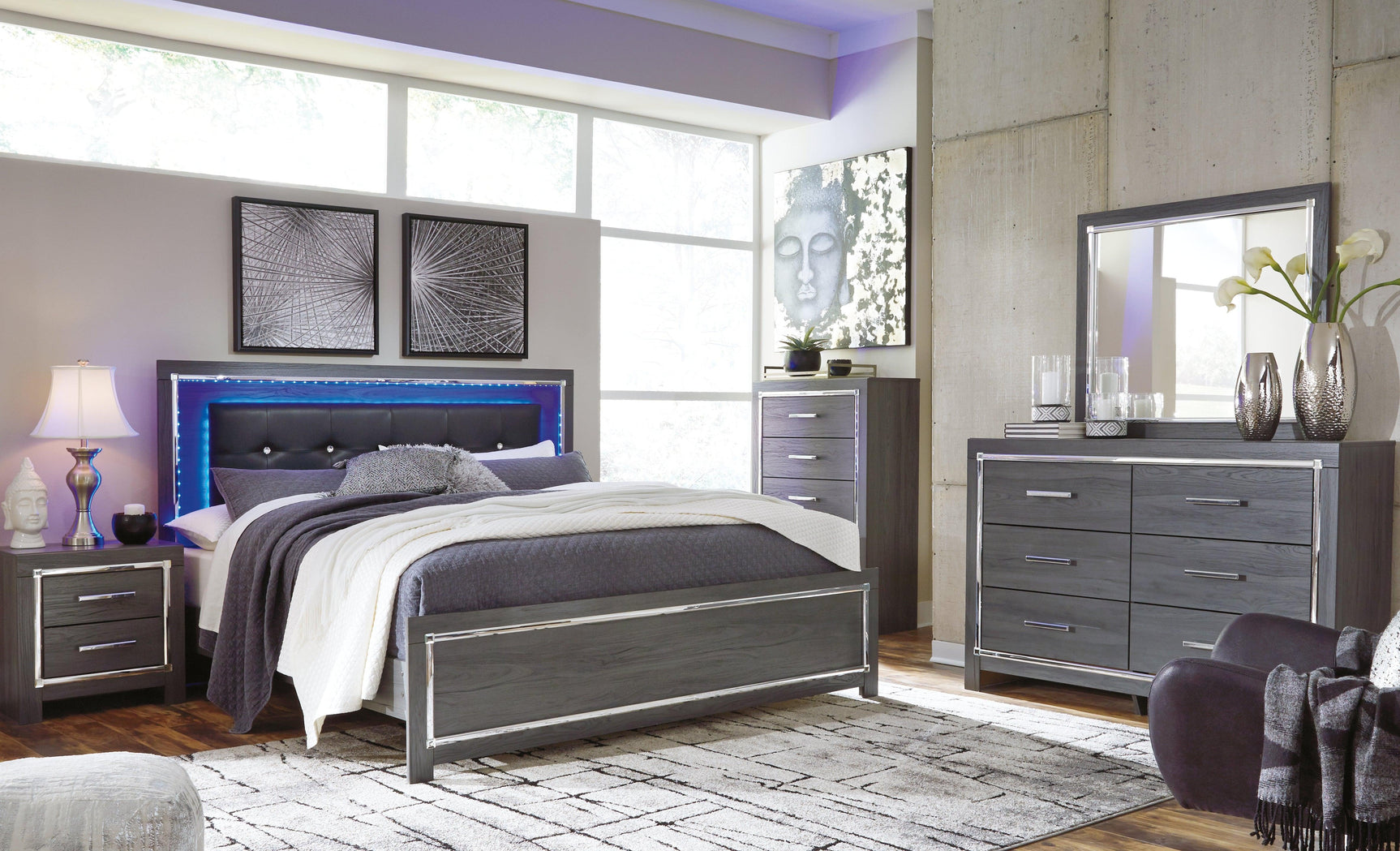 Lodanna King Panel Bed with LED lighting remote control shown