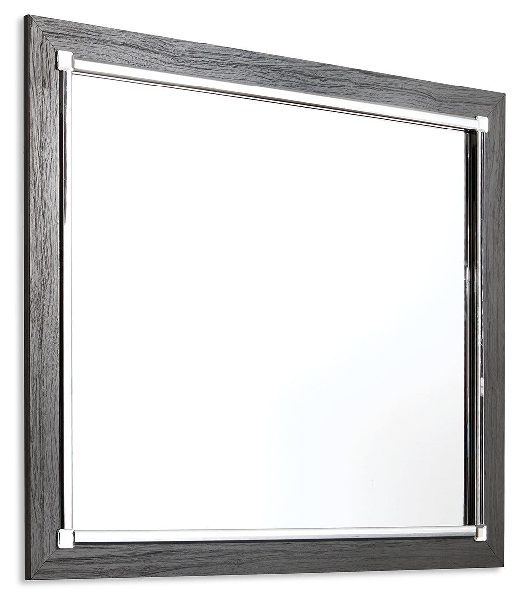 Angled view of Lodanna gray bedroom mirror showing frame detail