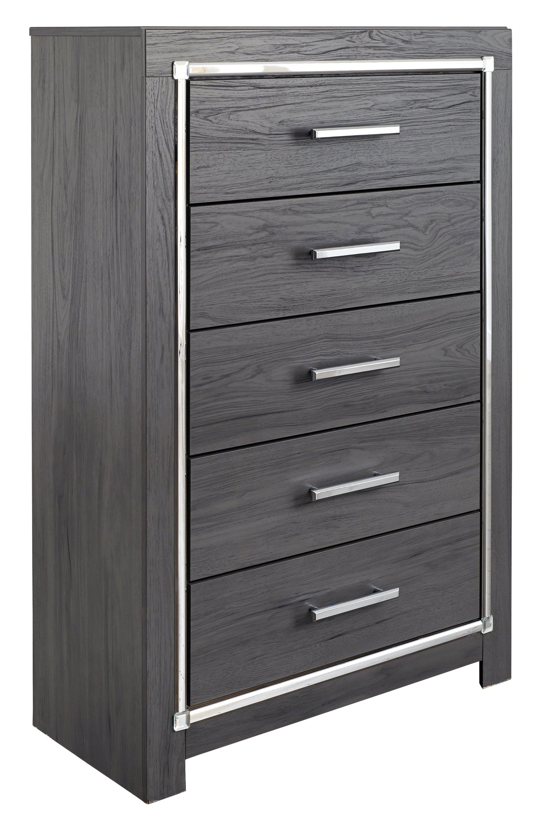 Lodanna Gray Chest showing five drawers